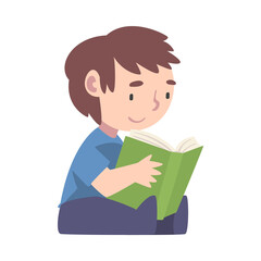 Boy Sitting On Floor and Reading, Cute Kid Enjoying of Literature, Elementary School Student Character Cartoon Style Vector Illustration