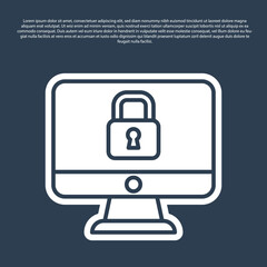 Blue line Lock on computer monitor screen icon isolated on blue background. Security, safety, protection concept. Safe internetwork. Vector.