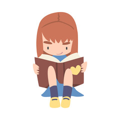 Lovely Girl Sitting on Floor and Reading Book, Kid Enjoying of Literature, Elementary School Student Character Cartoon Style Vector Illustration