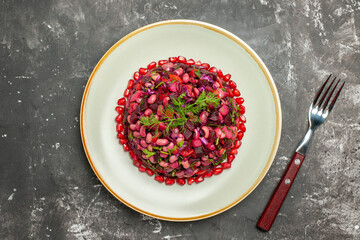 top view vinaigrette salad with beans and beet on dark background salad meal health