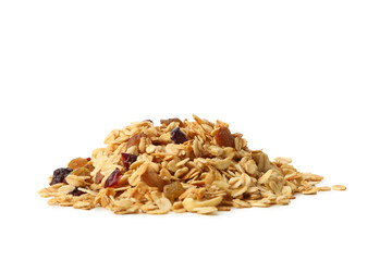 Granola with nuts and raisins isolated on white background