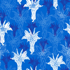 Seamless pattern with white flowers on a blue background. Hand drawn floral texture.