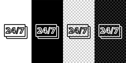 Set line Clock 24 hours icon isolated on black and white background. All day cyclic icon. 24 hours service symbol. Vector.
