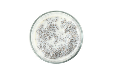 Glass of chia pudding isolated on white background