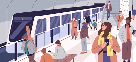 Subway train arriving at metro platform. Passengers standing and sitting in modern metro station. Male and female characters using urban public transport. Daily city life. Flat vector illustration - obrazy, fototapety, plakaty