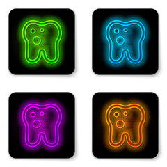Glowing neon line Tooth with caries icon isolated on white background. Tooth decay. Black square button. Vector.
