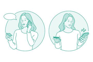 Smartphone, online communication, chatting concept. Young girl standing with smartphone in hands, chatting, searching information in internet, calling, making order and paying online for delivery