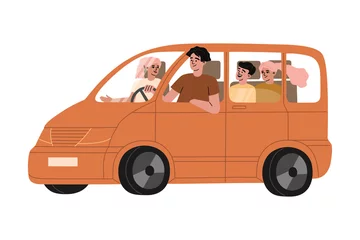 Foto op Plexiglas Family travel in orange car. Happy parents mother and father going on vacation trip with their kids by automobile. Hand drawn vector illustration in flat carton style, isolated on white background © Alice