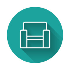 White line Cinema chair icon isolated with long shadow. Green circle button. Vector.