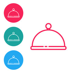 Red line Covered with a tray of food icon isolated on white background. Tray and lid. Restaurant cloche with lid. Kitchenware symbol. Set icons in circle buttons. Vector.