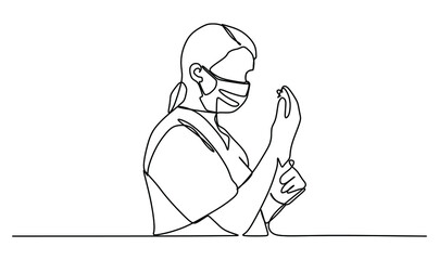 A young woman fixing her protective glove. Continuous one line drawing
