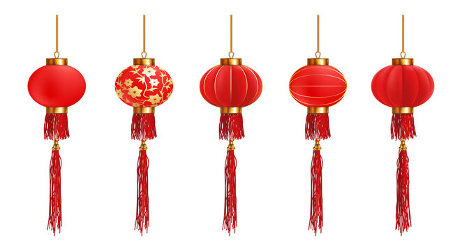 Chinese New Year. Five red Chinese lanterns on a white background. Highly realistic illustration.