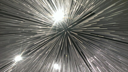 Obraz premium Beautiful white slim stalactites radial rays in perspective with lights points, abstract space texture for background