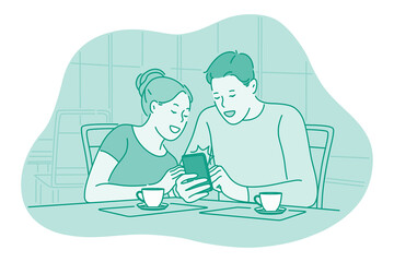 Smartphone, online communication, chatting concept. Young couple sitting at home drinking tea with smartphone in hands, chatting, searching information in internet, communicating online 