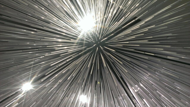 Beautiful white slim stalactites radial rays in perspective with lights points, abstract space texture for background