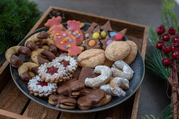 Traditional home made German Christmas Cookies on a festive table