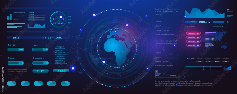 Fototapete Earth globe with interface HUD panel with data and information, world internet technologies and communications. Earth diagram interface in HUD, GUI, UI style. Internet game panel for video games