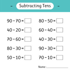 Subtracting Tens. School education. Development of logical thinking. Mathematics. Math worksheets for kids