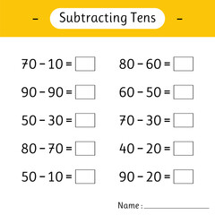 Subtracting Tens. School education. Math worksheets for kids. Mathematics. Development of logical thinking