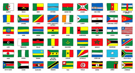 All African Flag Pack hand drawn. Countries icon Collection with Names Vector Sketch Illustration doodle style