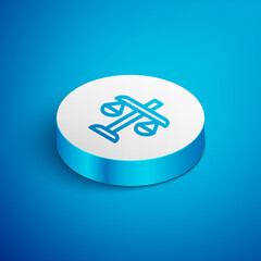 Isometric line Scales of justice icon isolated on blue background. Court of law symbol. Balance scale sign. White circle button. Vector.