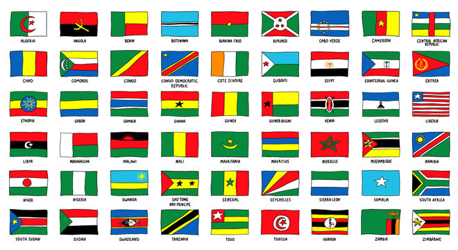 All African Flag Pack hand drawn. Countries icon Collection with Names Vector Sketch Illustration doodle style