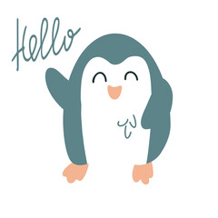 Friendly penguin and welcome lettering. Vector children's illustration. Isolated on white. For printing, children's decor.