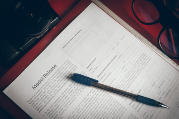 model release document on the table close up,