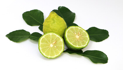 Close up a group of kaffir lime isolated on white background
