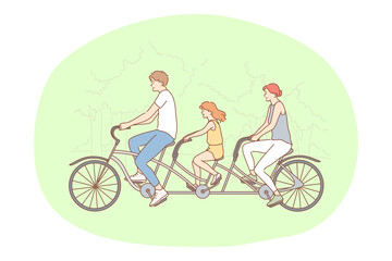 Healthy active lifestyle, sport, leisure hobby concept. Young happy family enjoying riding bicycle together in park on summer illustration. Family activity, entertainment, fitness, fun 