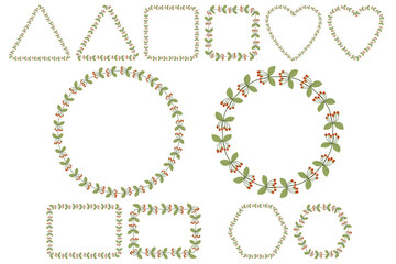 Floral frame set for celebration design with rowan berries branches with leaves. Romantic Vector template. Six shape collections - round, square, heart, rectangle, heaxagon, triangle.