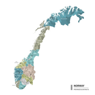 Norway higt detailed map with subdivisions. Administrative map of Norway with districts and cities name, colored by states and administrative districts. Vector illustration.