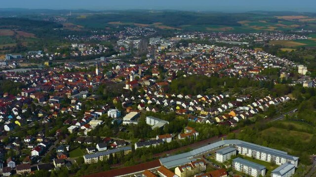 Aerial view of the city Bretten in Germany.  On a sunny afternoon in summer.