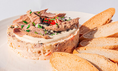 plate with a typical spanish ensaladilla rusa, russian salad with tuna, caviar and roasted bread