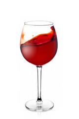 Glass glass with red wine with a splash on a white background