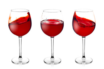 Glass glasses with red wine with a splash on a white background collage