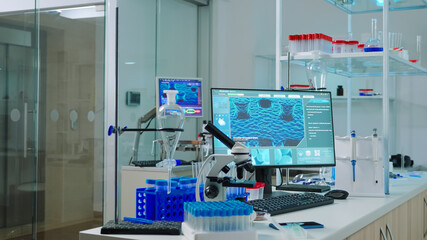 Interior of modern science laboratory with no people prepared for pharmaceutical innovation using high tech, microbiology tools for scientific research. Vaccine development against covid19 virus