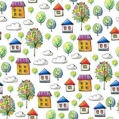 Fototapeta na wymiar Cute seamless pattern with houses, trees and clouds on white background. Drawing by colored pencils.