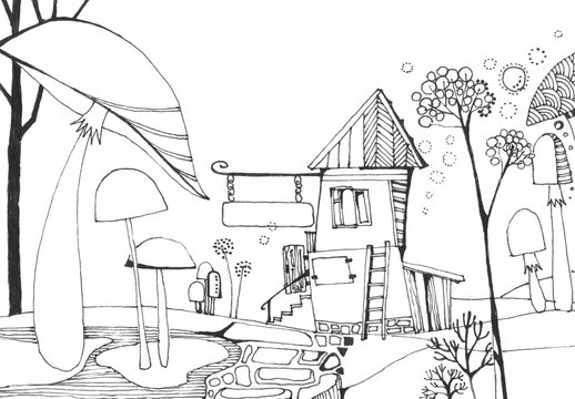 Magic landscape with big mushrooms, herbs and witch house. Black and white drawing.