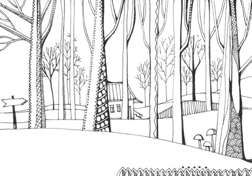 Witch house in magic forest. Fairy tale. Black and white sketch.