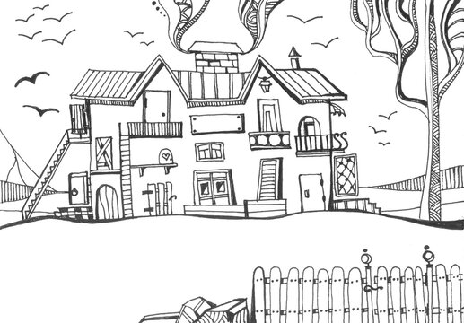 Fantasy house with many doors. Black and white drawing.