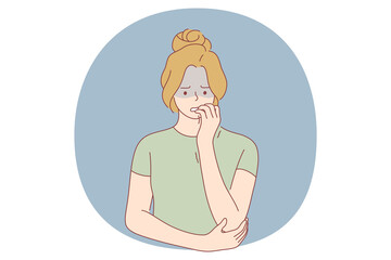 Unhappiness, Grief, Depression concept. Young unhappy female cartoon character standing, biting nails and feeling depressed with something vector illustration