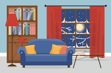 Cozy  interior of living room with  a sofa, bookcase, various decorations fnd window. Flat style, design template