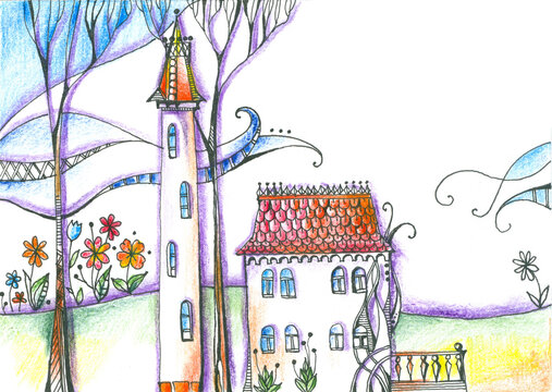 House and tower in fairy forest with trees and flowers. Hand drawn image by colored pencils and black ink.