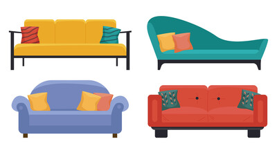 Set of different sofas in four colors - yellow, gree, blue and red. Isolated on white. Flat style, design template.