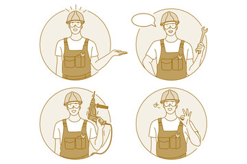 Occupation, job, manual worker concept. Man professional worker repairman in working uniform cartoon character holding wrench and drill in hand and showing thumb up sign with hands 