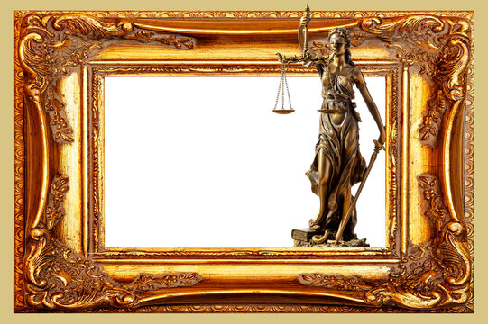 Statue of justice. Close-up Of Justice Lady in Old antique gold frame over gold background. gold plated wooden picture frame. copy space for text