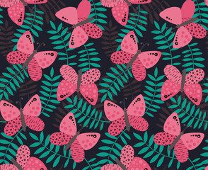 Pink butterflies and palm leaves on dark background. Seamless pattern. Vector illustration for wrapping, cloth, linens, fabric