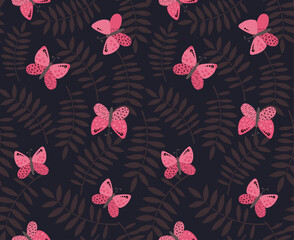 Pink butterflies and palm leaves on dark background. Seamless pattern. Vector illustration for wrapping, cloth, linens, fabric