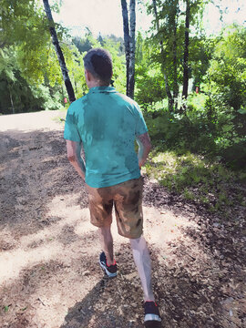A man in a T-shirt and shorts on a jog, a walk in the woods in watercolor technique.